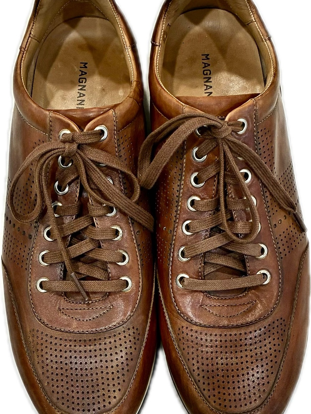 Magnanni Brown Perforated Leather Lace-Up Sneakers